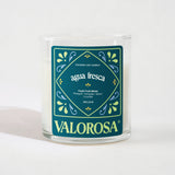 Candle labeled 'agua fresca' by Valorosa on a white background