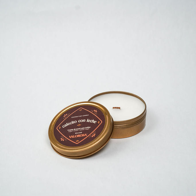cafecito con leche candle tin on white background