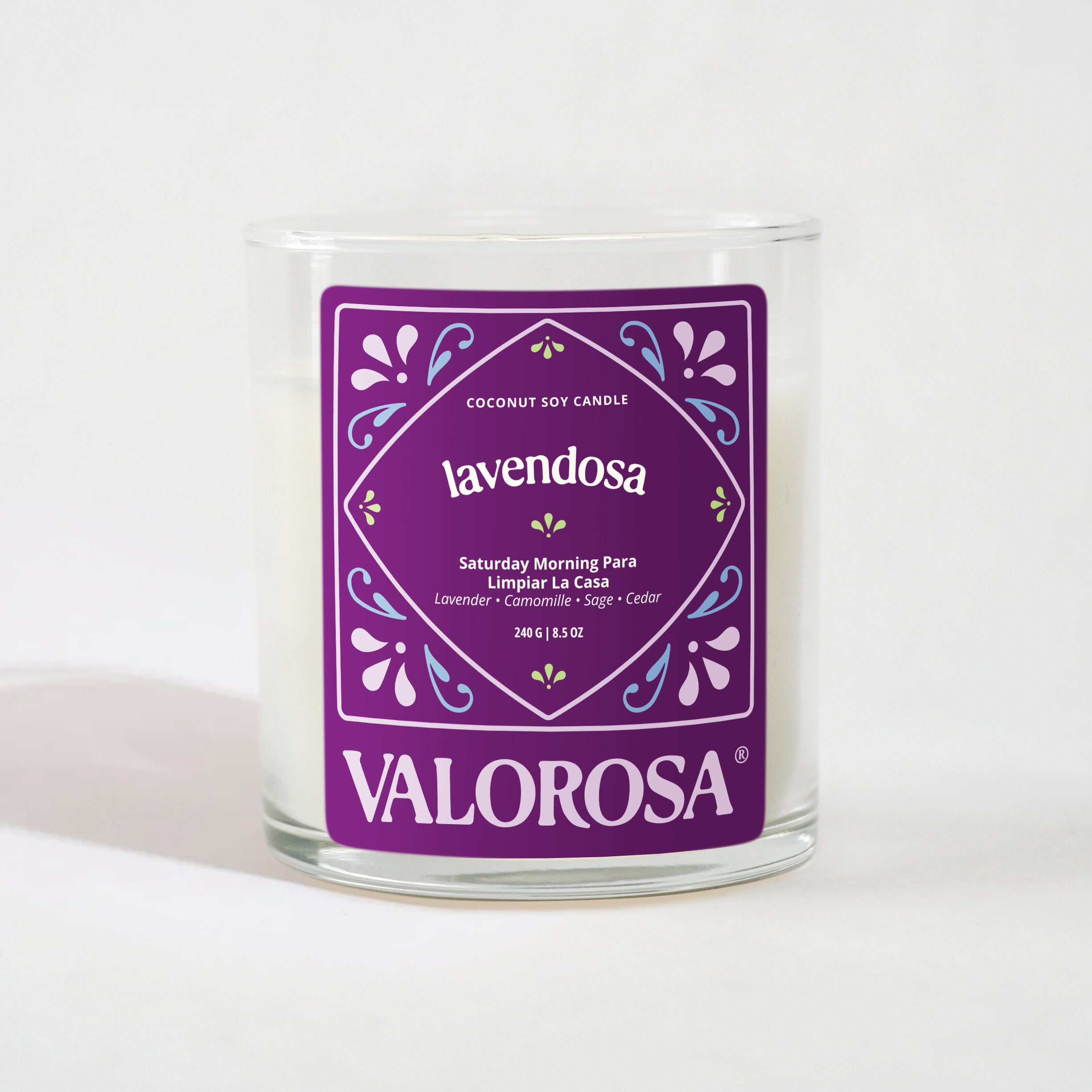 Lavendosa Glass candle with a purple label on a white background